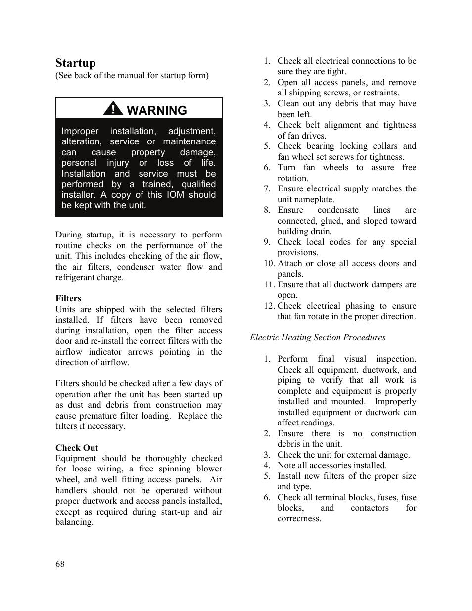 Startup, Warning | AAON M2-036 User Manual | Page 68 / 100