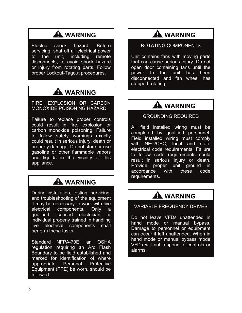 Warning | AAON M2-036 User Manual | Page 8 / 100