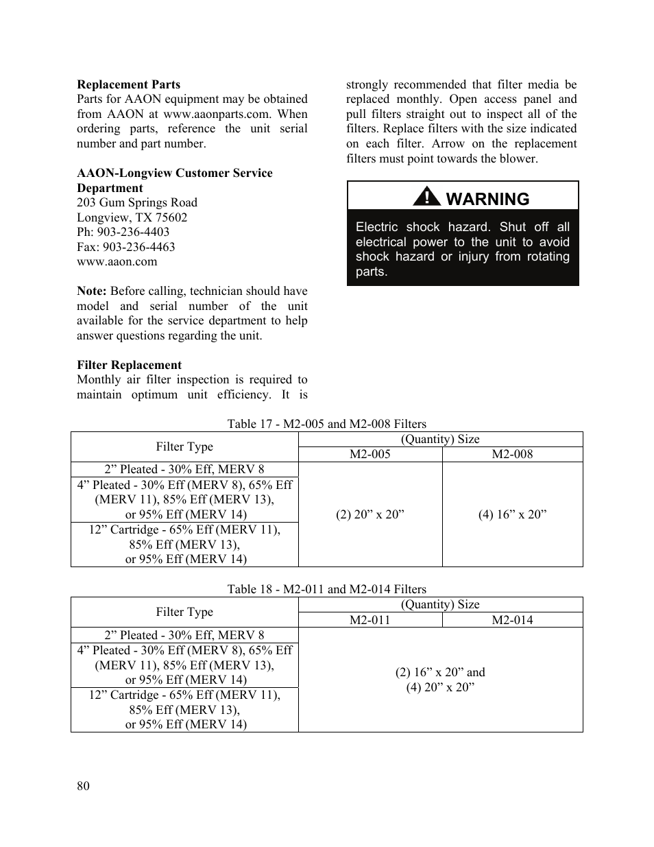 Warning | AAON M2-036 User Manual | Page 80 / 100