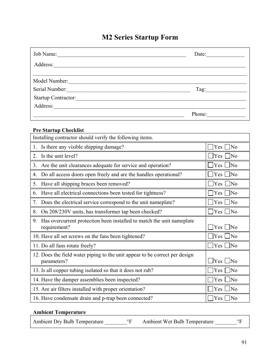 M2 series startup form | AAON M2-036 User Manual | Page 91 / 100