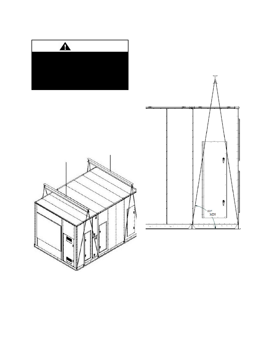 Rigging, Module location, Figure 3 - unit lifting example | Figure 4 - unit lifting side view, Warning | AAON M3-094 User Manual | Page 39 / 72