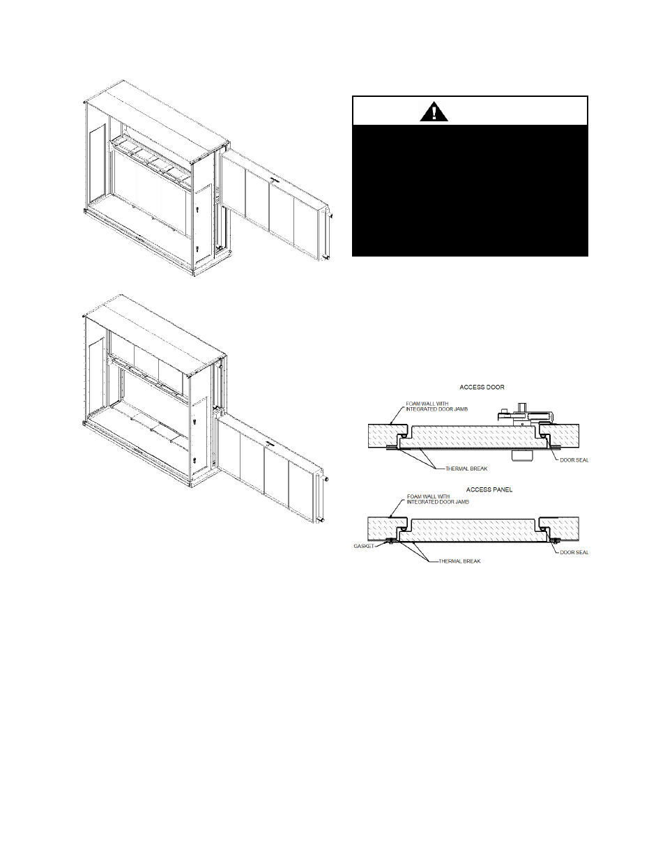 Doors/panels, Outside opening door and panel, Figure 35 - coil removal | Figure 36 - access door/panel removal, Warning | AAON M3-094 User Manual | Page 62 / 72