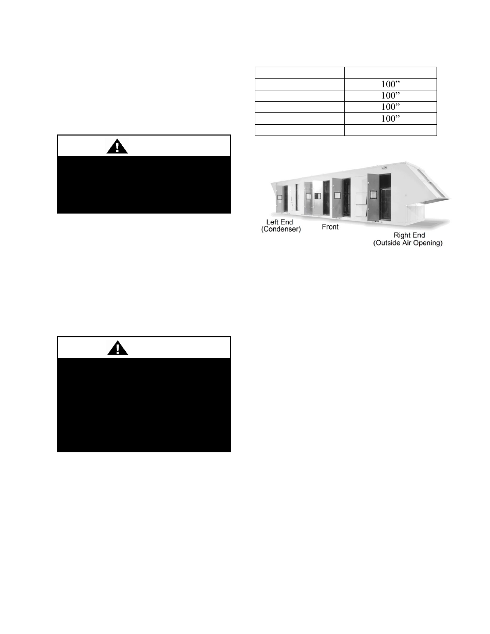Installation, Locating units, Curb installation | Table 1 - unit clearances, Figure 1 - rl series unit orientation, Caution, Warning | AAON RL-240 User Manual | Page 25 / 84