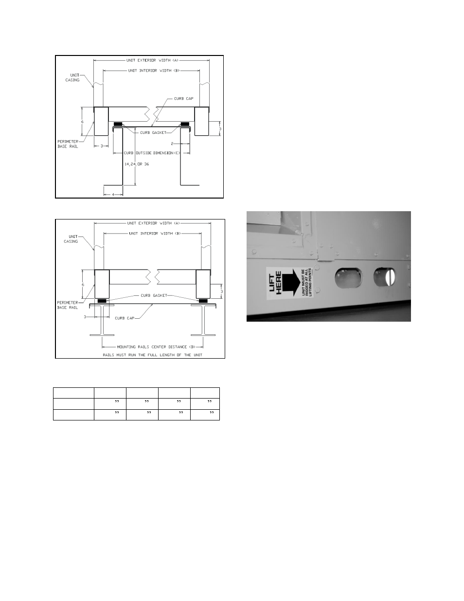 Lifting the unit, Table 2 - mounting dimensions, Figure 4 - curb mounting with dimensions | Figure 5 - steel mounting rail with dimensions, Figure 6 - marked lifting points | AAON RL-240 User Manual | Page 27 / 84