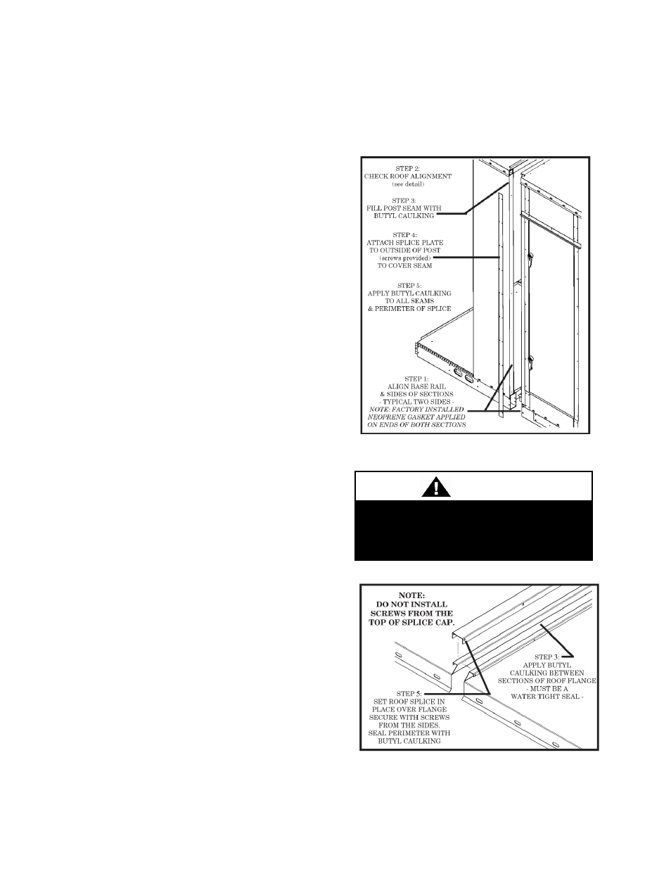 Reassembling split units, Figure 7 - unit base and sides, Figure 8 - unit roof flange splice detail | Caution | AAON RL-240 User Manual | Page 29 / 84