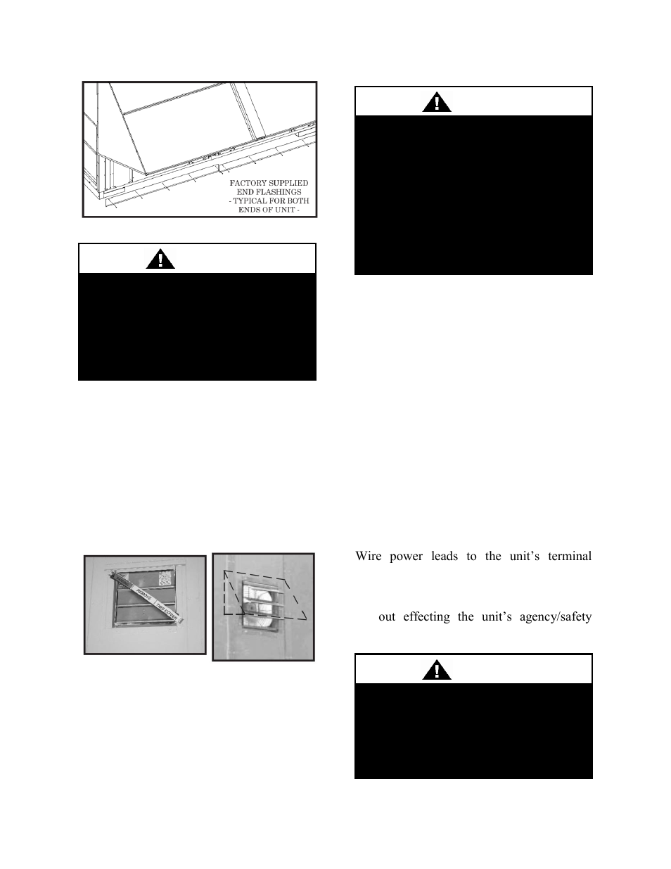 Vestibule exhaust fan, Electrical, Figure 10 - factory supplied end flashings | Figure 11 - vestibule exhaust fan, Caution, Warning | AAON RL-240 User Manual | Page 31 / 84