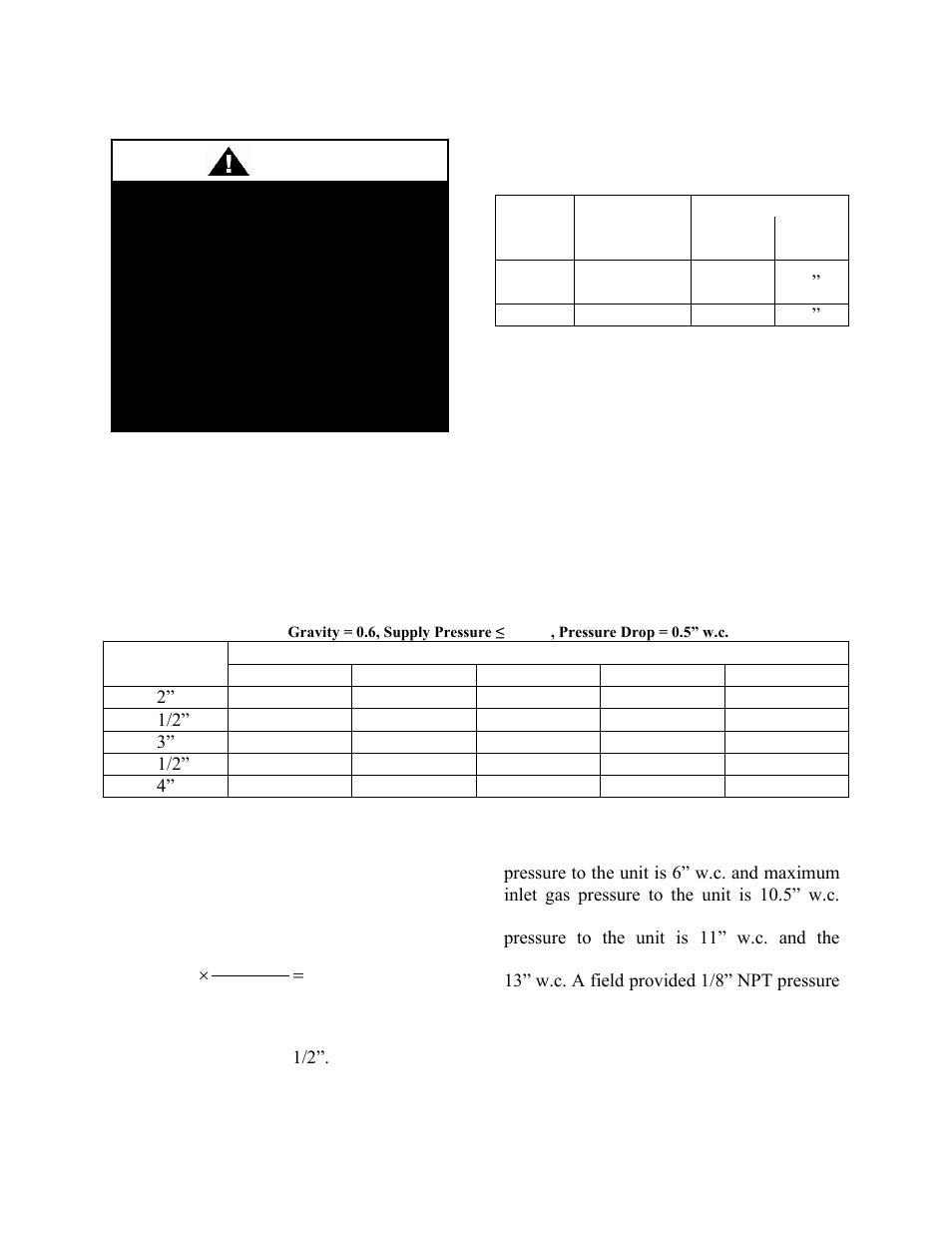 Gas heating, Piping sizing example, Inlet and manifold pressures | Table 3 - gas piping connections, Warning | AAON RL-240 User Manual | Page 33 / 84