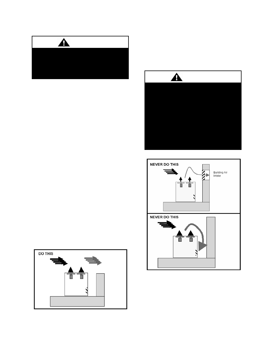 Severe service, Safety, Performance | Figure 36 - proper unit location, Figure 37 - improper unit locations, Warning | AAON RL-240 User Manual | Page 57 / 84