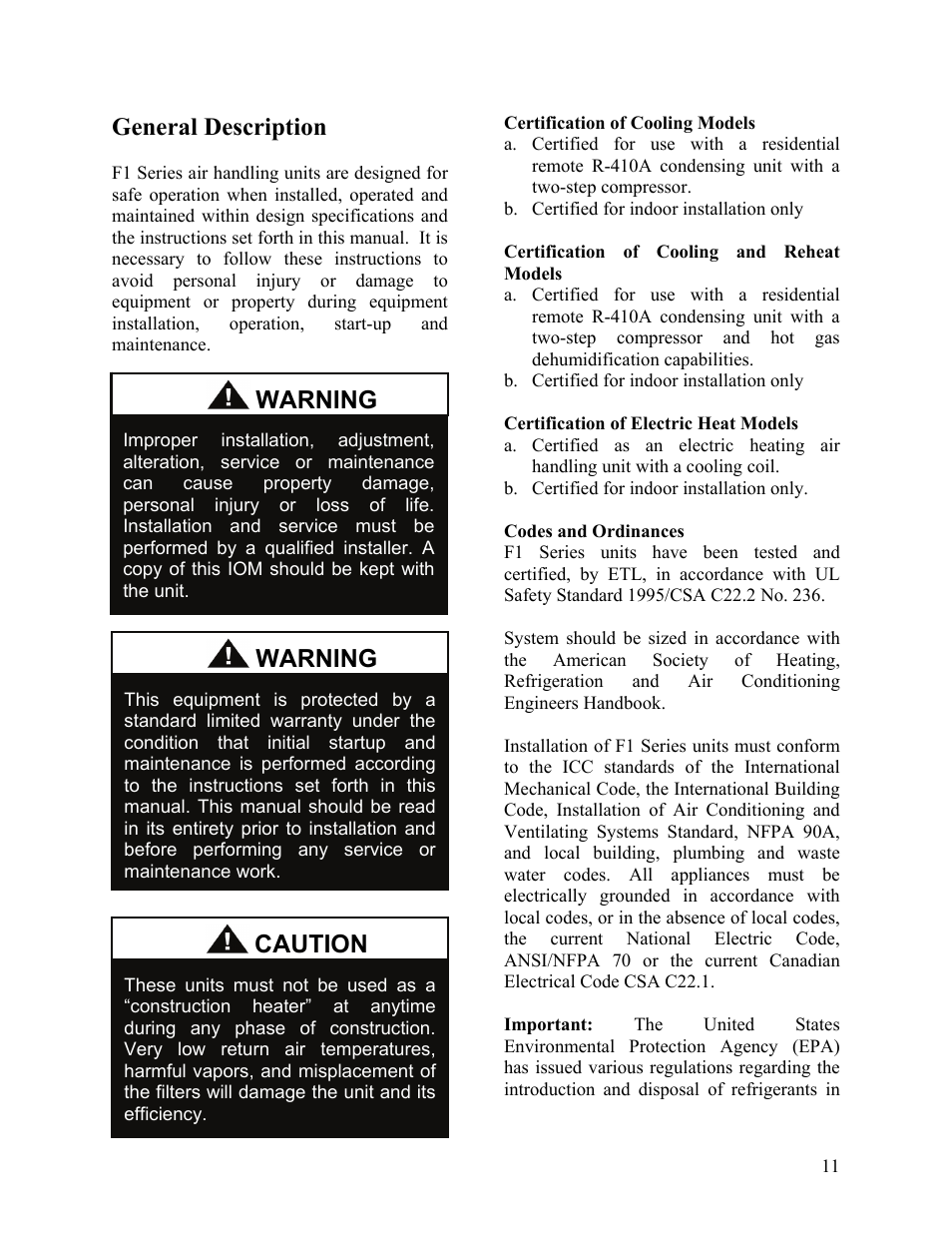 General description, Warning, Caution | AAON F-060 User Manual | Page 11 / 60