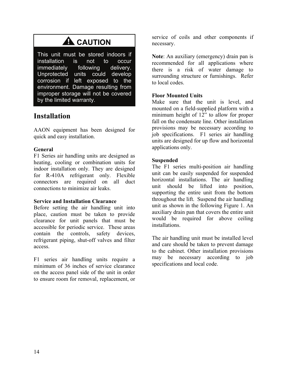 Installation, Caution | AAON F-060 User Manual | Page 14 / 60