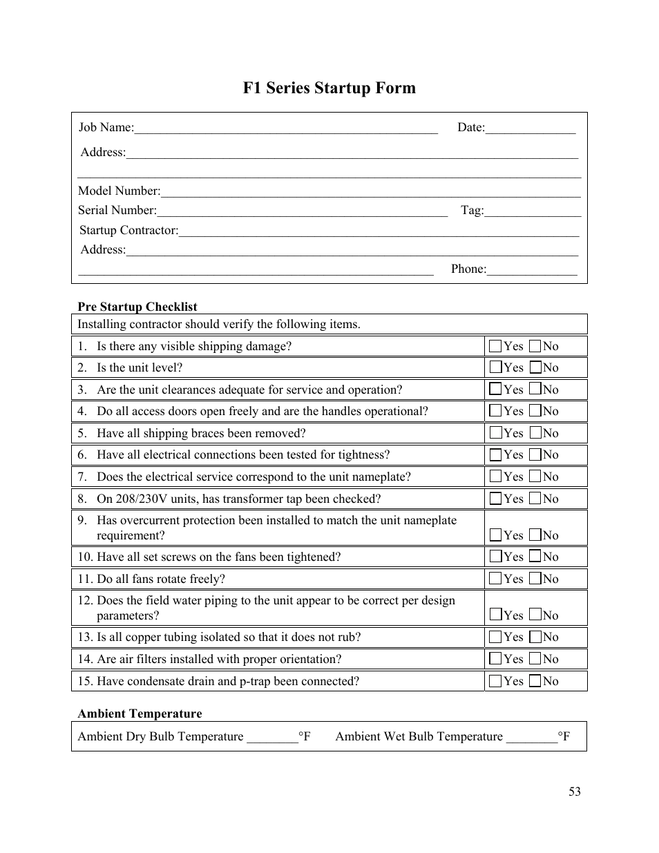 F1 series startup form | AAON F-060 User Manual | Page 53 / 60