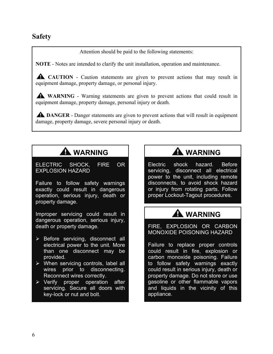 Safety, Warning | AAON F-060 User Manual | Page 6 / 60
