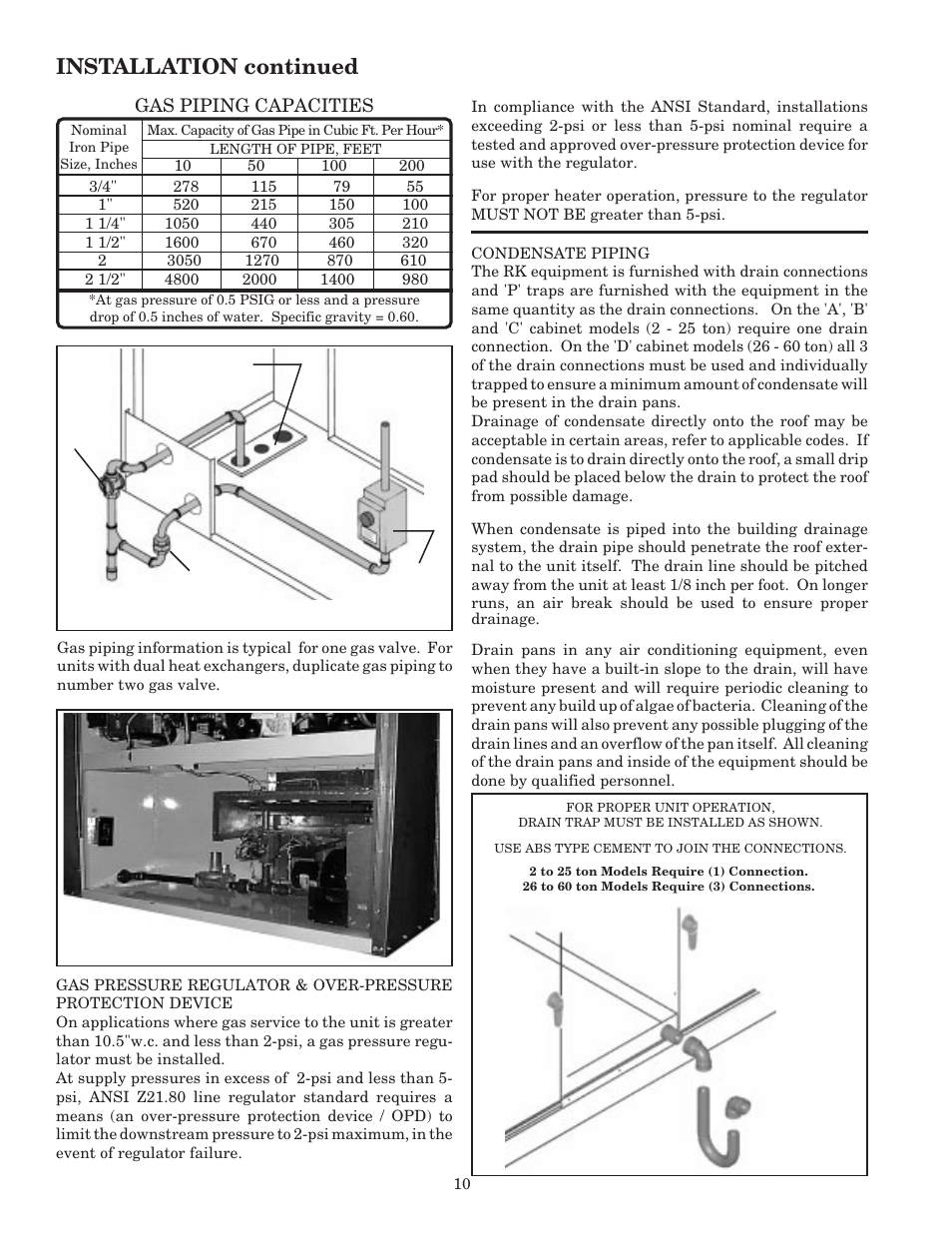 Installation continued, Gas piping capacities | AAON RK-60 User Manual | Page 10 / 24