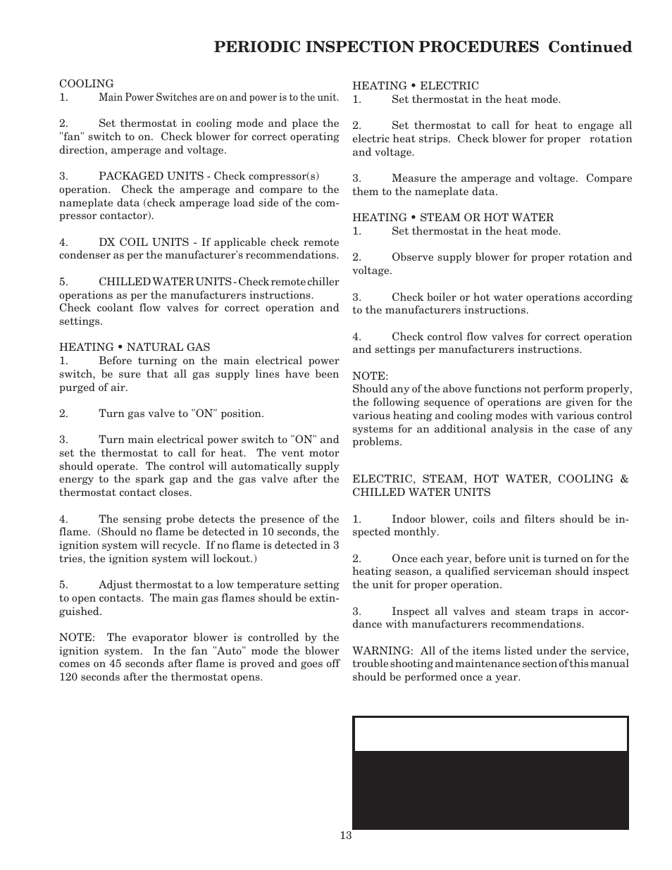 Caution, Periodic inspection procedures continued | AAON RK-60 User Manual | Page 13 / 24