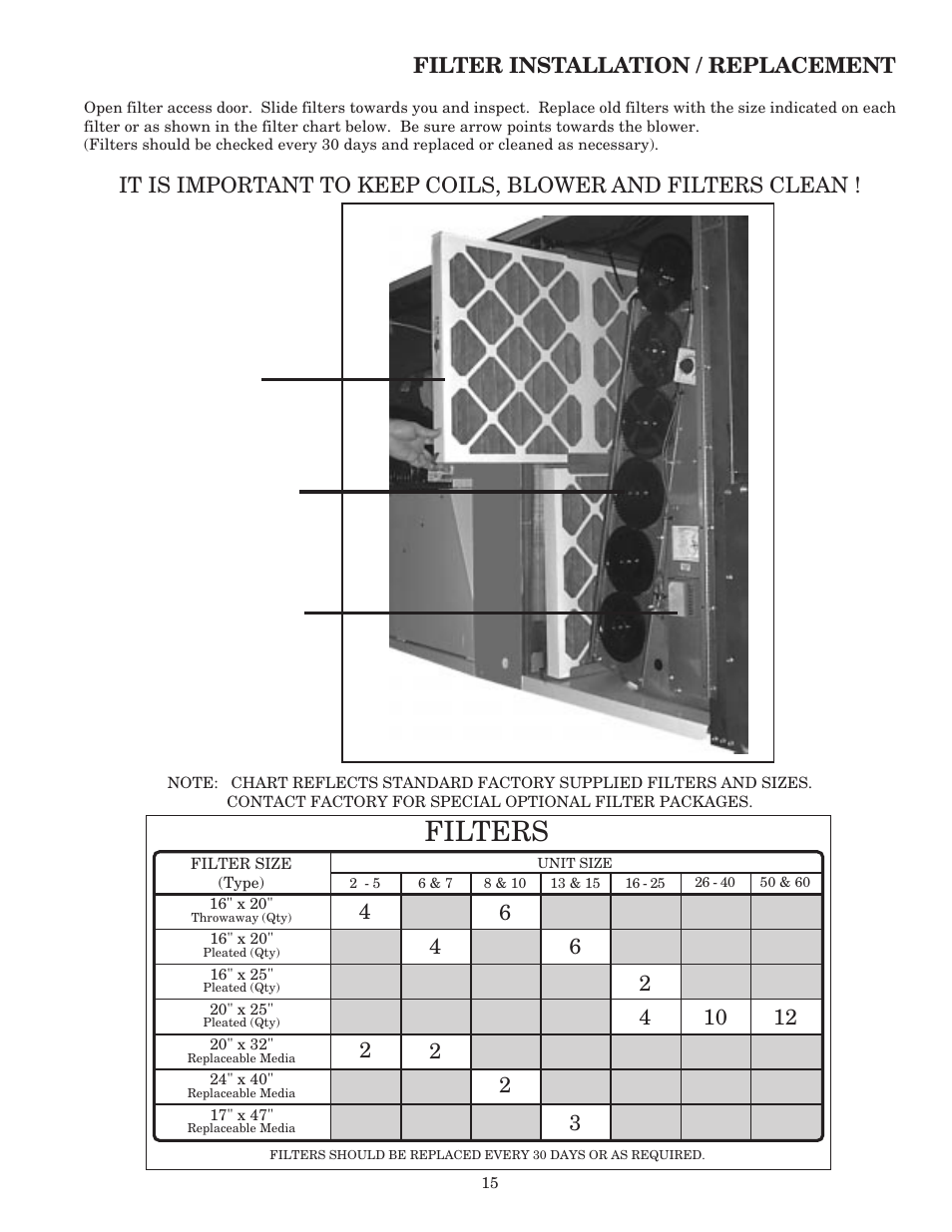 Filters, Filter installation / replacement | AAON RK-60 User Manual | Page 15 / 24