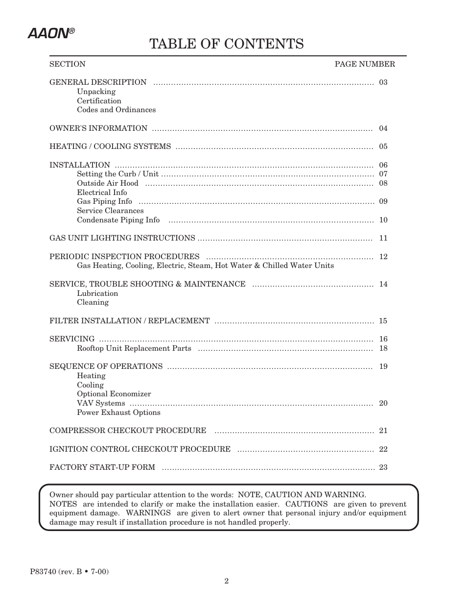 Table of contents aaon | AAON RK-60 User Manual | Page 2 / 24