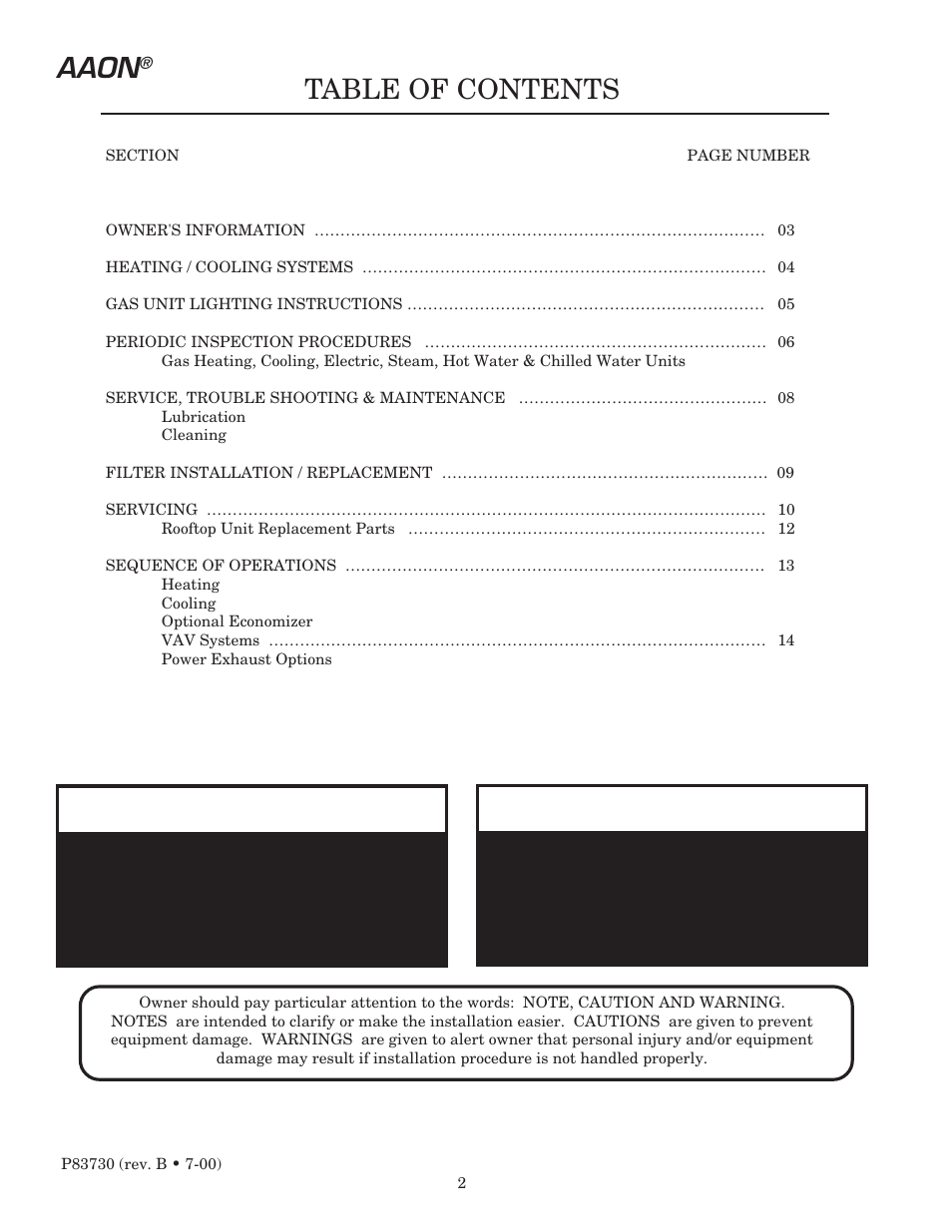 Table of contents aaon, Warning, Important | AAON RK-60 User Manual | Page 2 / 16