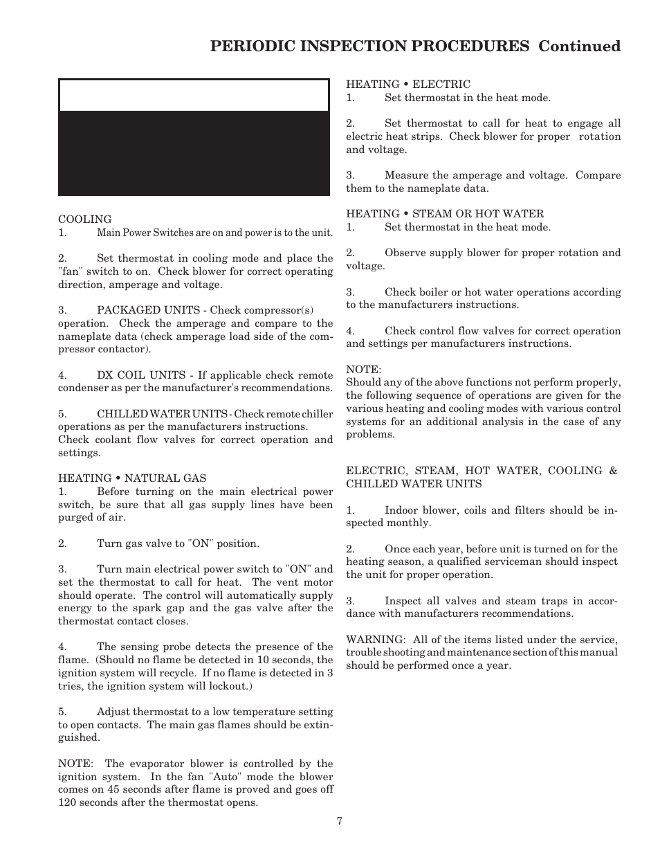 Warning, Periodic inspection procedures continued | AAON RK-60 User Manual | Page 7 / 16