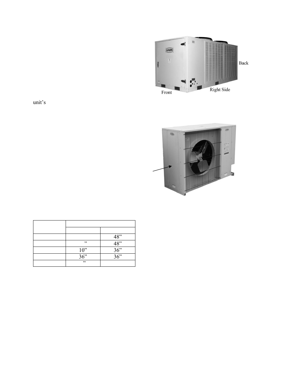 Installation, Locating unit, Table 1 - cc series clearances | Figure 1 - vertical air discharge, Figure 2 - horizontal air discharge | AAON CC-063 User Manual | Page 12 / 52