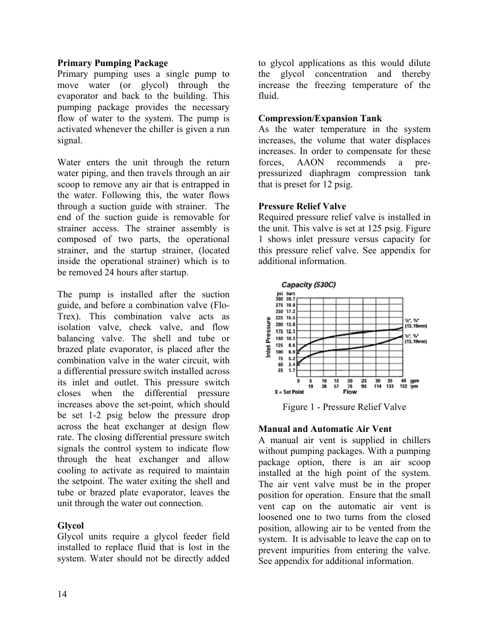 Primary pumping package, Glycol, Compression/expansion tank | Pressure relief valve, Manual and automatic air vent | AAON LC-054 User Manual | Page 14 / 52