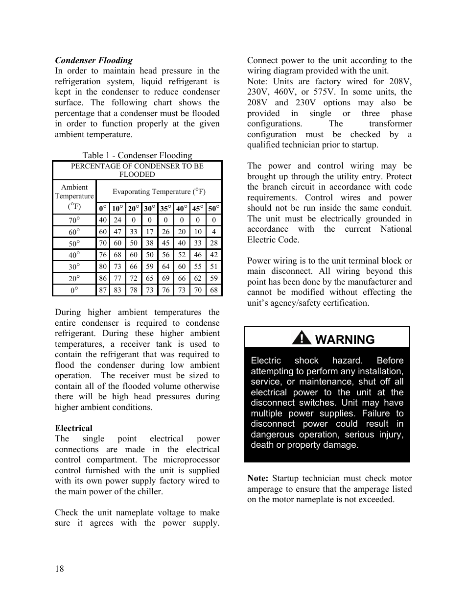 Condenser flooding, Electrical, Table 1 - condenser flooding | Warning | AAON LC-054 User Manual | Page 18 / 52