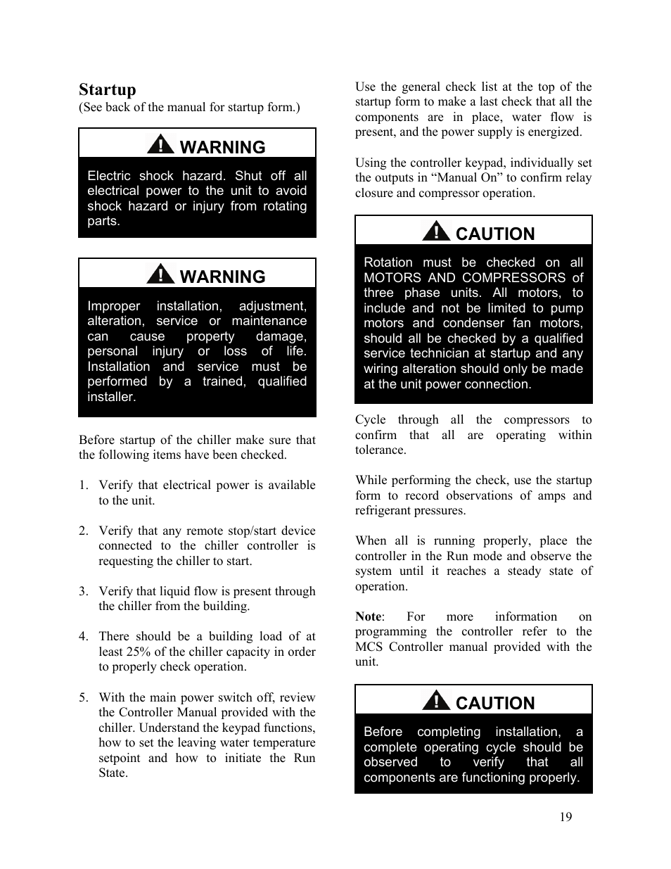 Startup, Caution, Warning | AAON LC-054 User Manual | Page 19 / 52