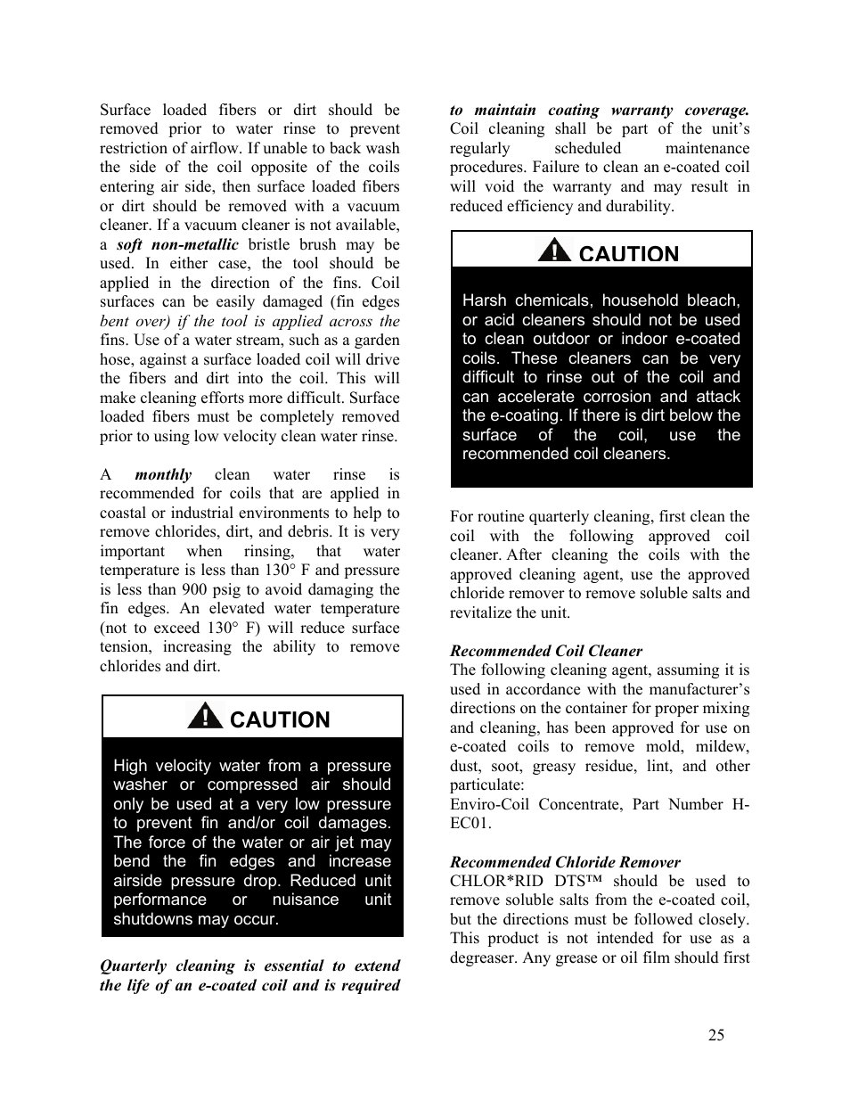 Recommended coil cleaner, Recommended chloride remover, Caution | AAON LC-054 User Manual | Page 25 / 52