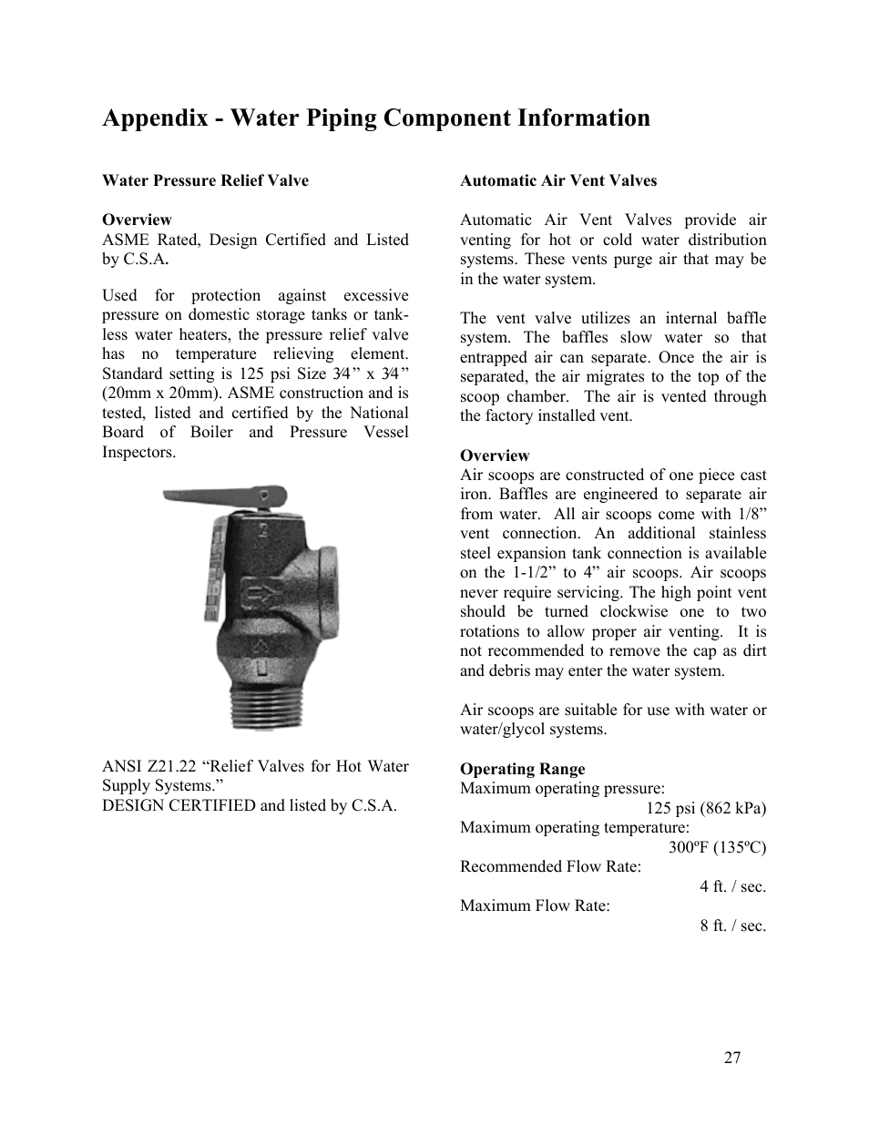 Appendix - water piping component information, Water pressure relief valve, Automatic air vent valves | AAON LC-054 User Manual | Page 27 / 52