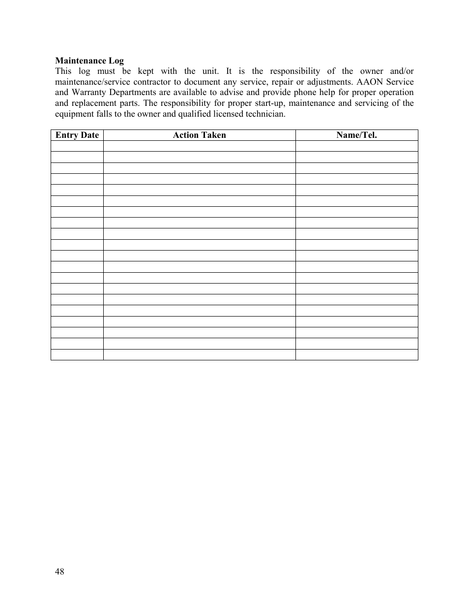 Maintenance log | AAON LC-054 User Manual | Page 48 / 52