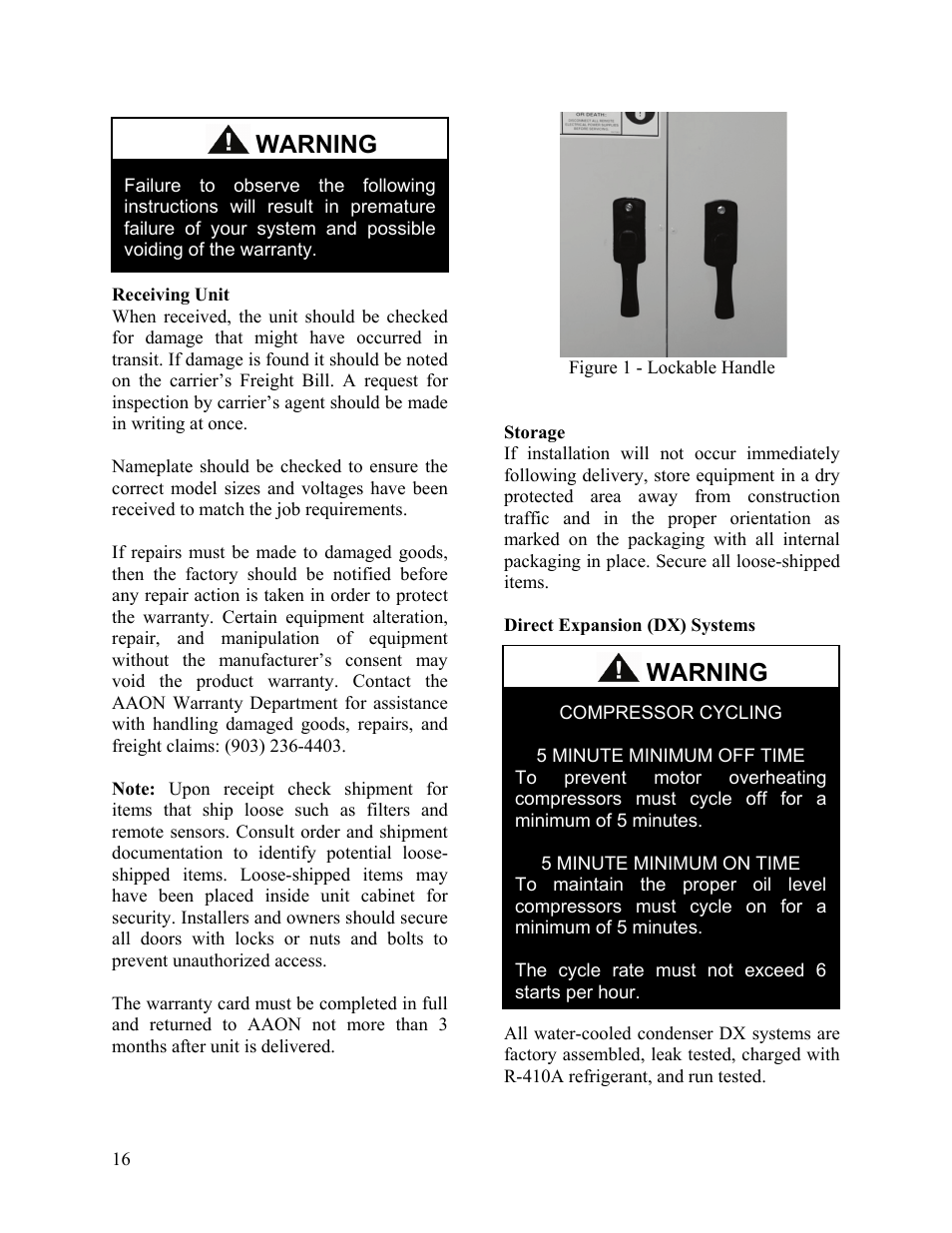 Receiving unit, Storage, Direct expansion (dx) systems | Warning | AAON SB-018 User Manual | Page 16 / 48