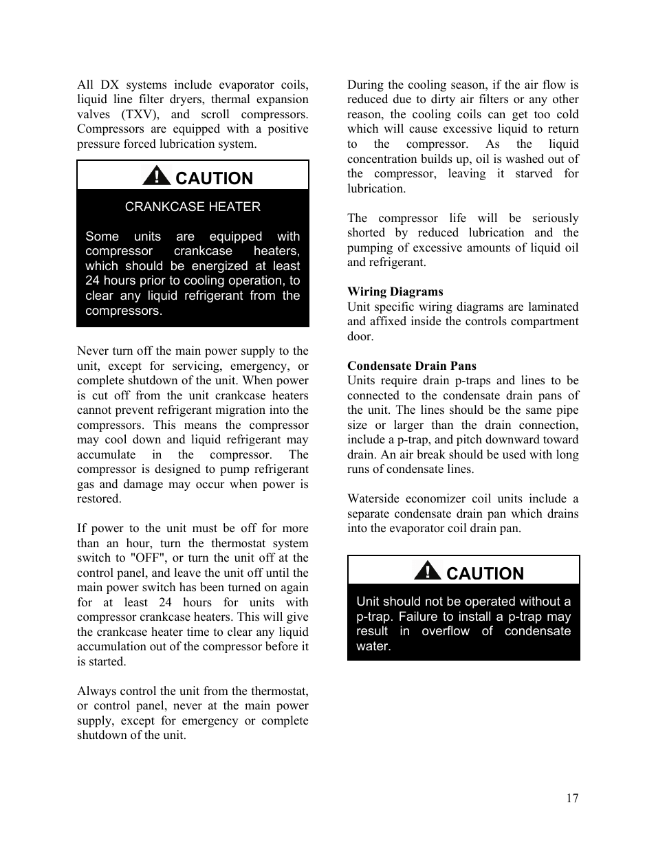 Wiring diagrams, Condensate drain pans, Caution | AAON SB-018 User Manual | Page 17 / 48