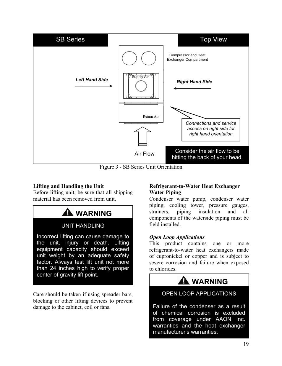 Lifting and handling the unit, Refrigerant-to-water heat exchanger water piping, Open loop applications | Warning, Sb series top view | AAON SB-018 User Manual | Page 19 / 48