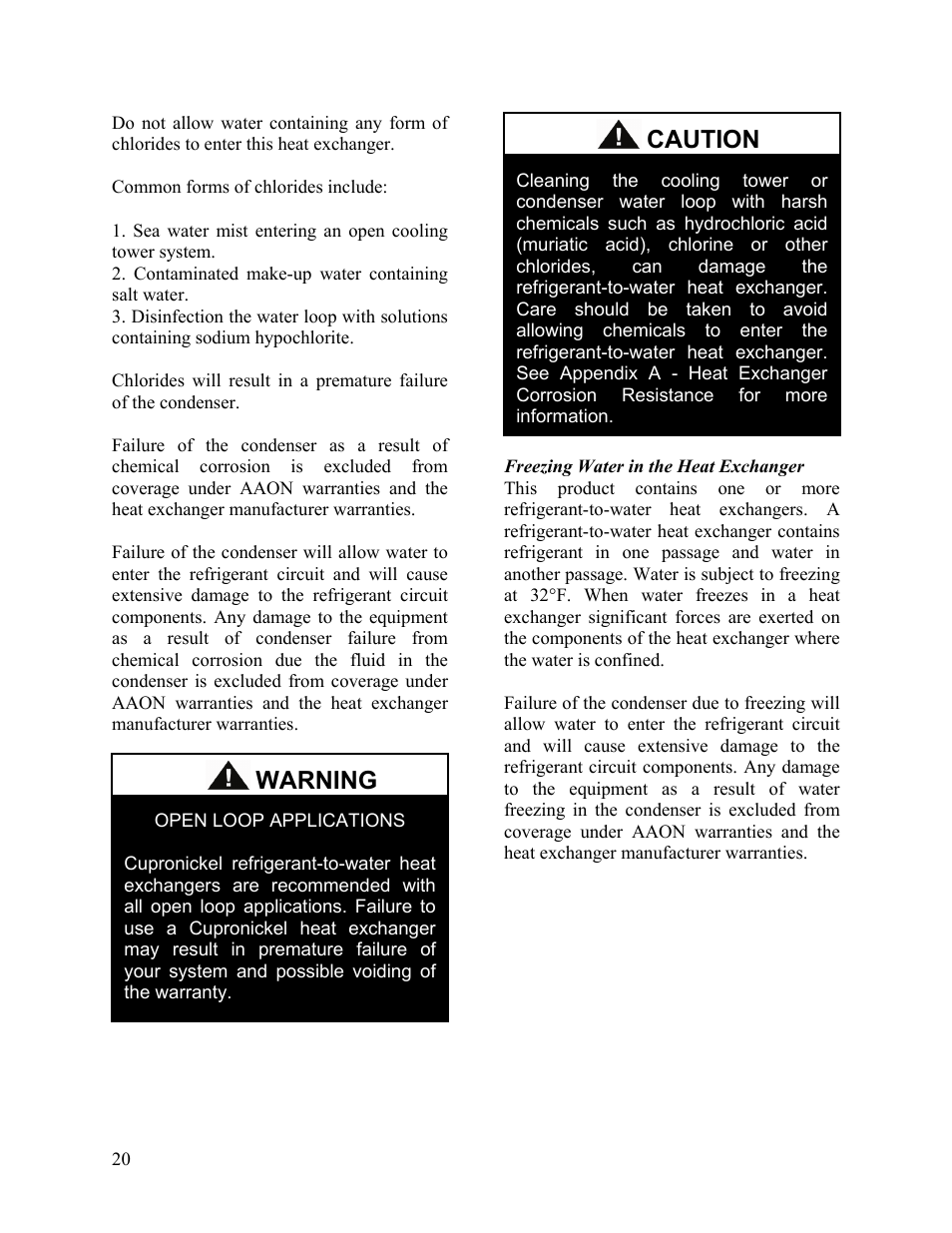 Freezing water in the heat exchanger, Caution, Warning | AAON SB-018 User Manual | Page 20 / 48