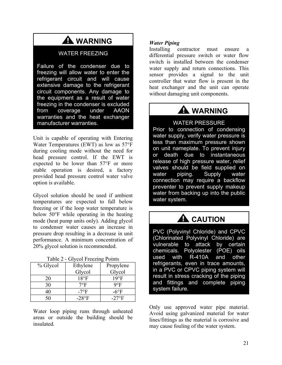 Water piping, Warning, Caution | AAON SB-018 User Manual | Page 21 / 48