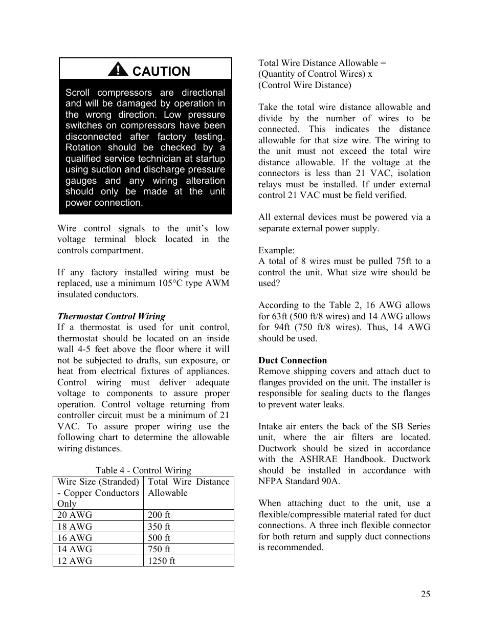 Thermostat control wiring, Duct connection, Caution | AAON SB-018 User Manual | Page 25 / 48