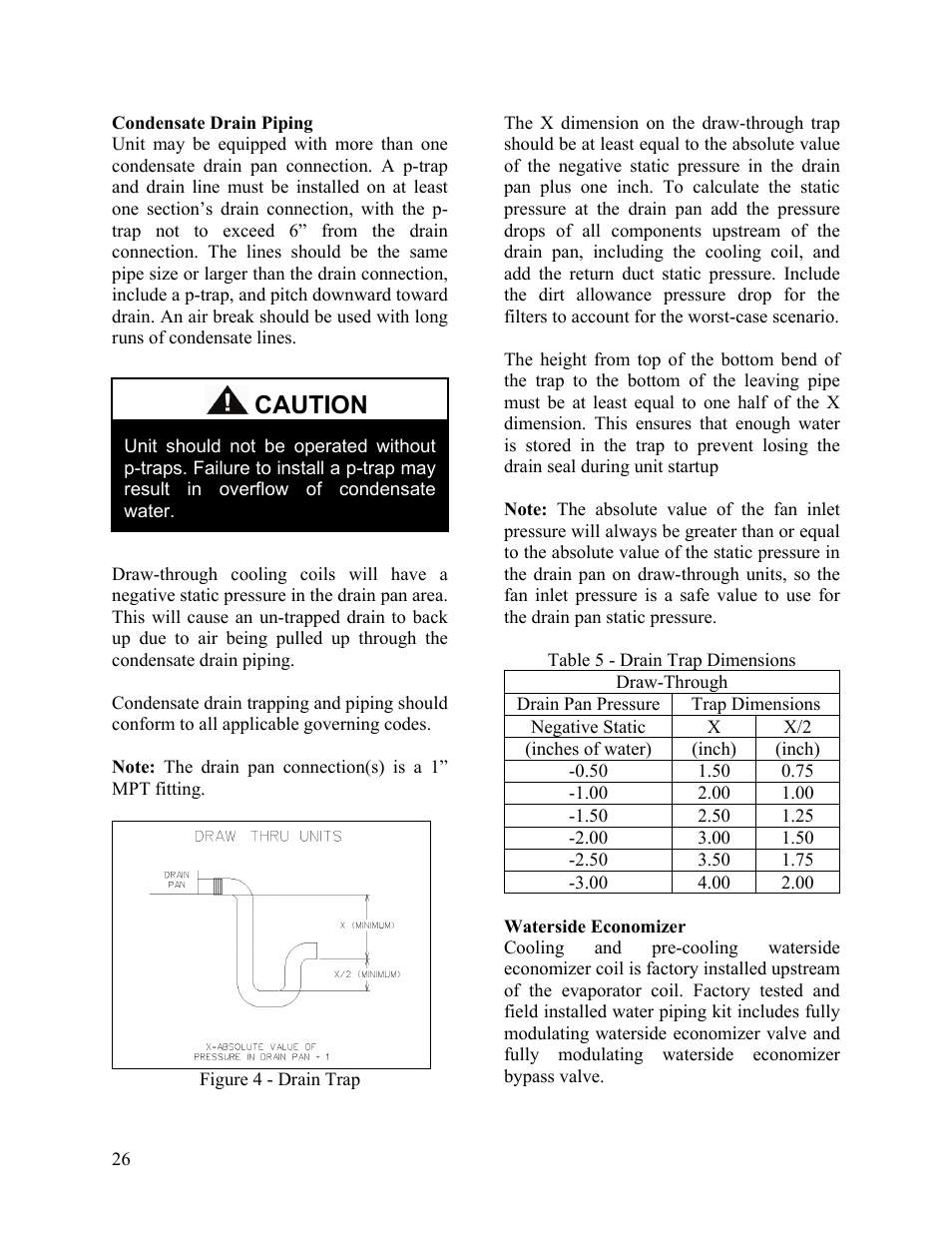 Condensate drain piping, Waterside economizer, Caution | AAON SB-018 User Manual | Page 26 / 48