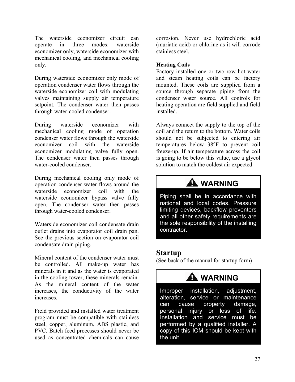 Heating coils, Startup, Warning | AAON SB-018 User Manual | Page 27 / 48