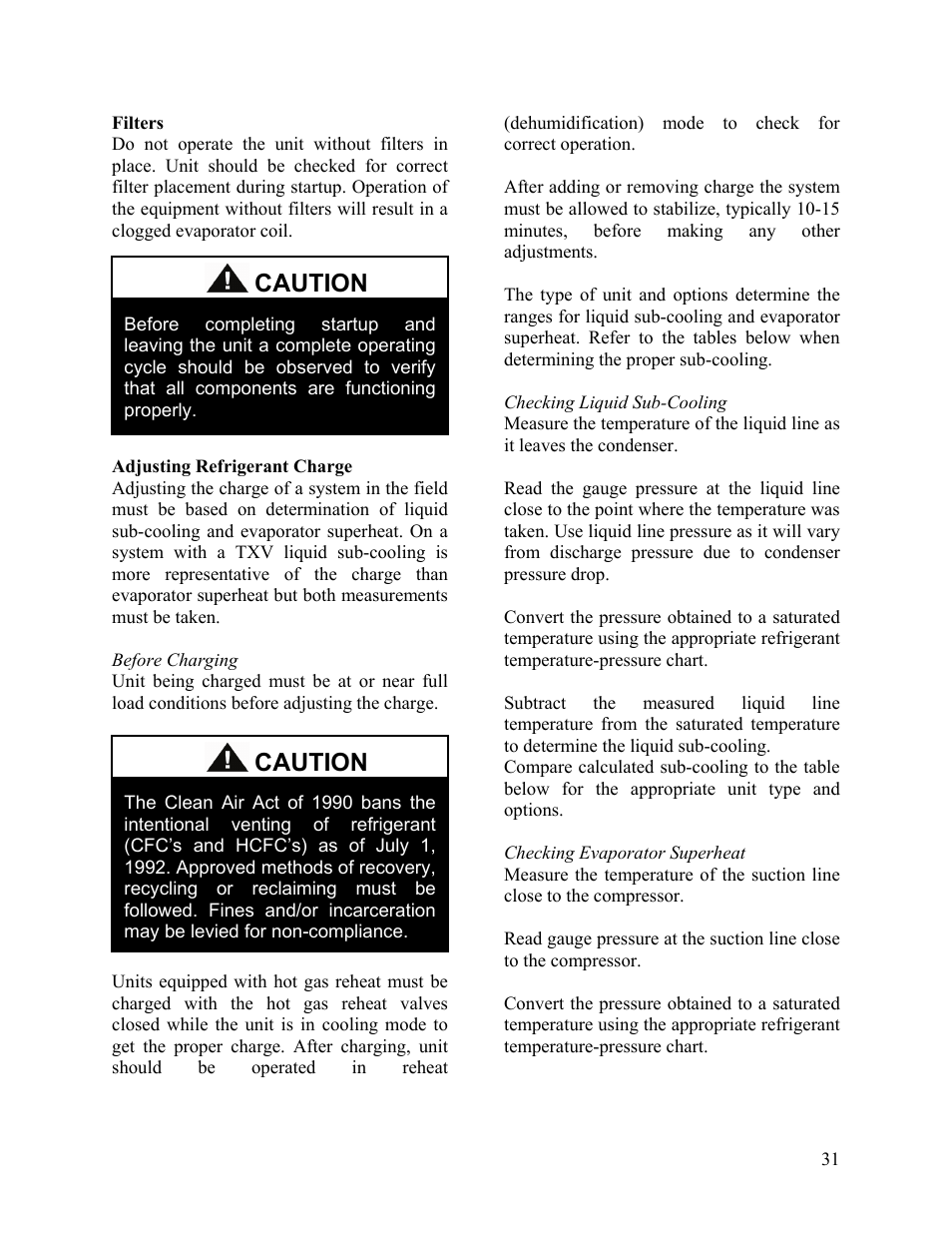 Filters, Adjusting refrigerant charge, Caution | AAON SB-018 User Manual | Page 31 / 48