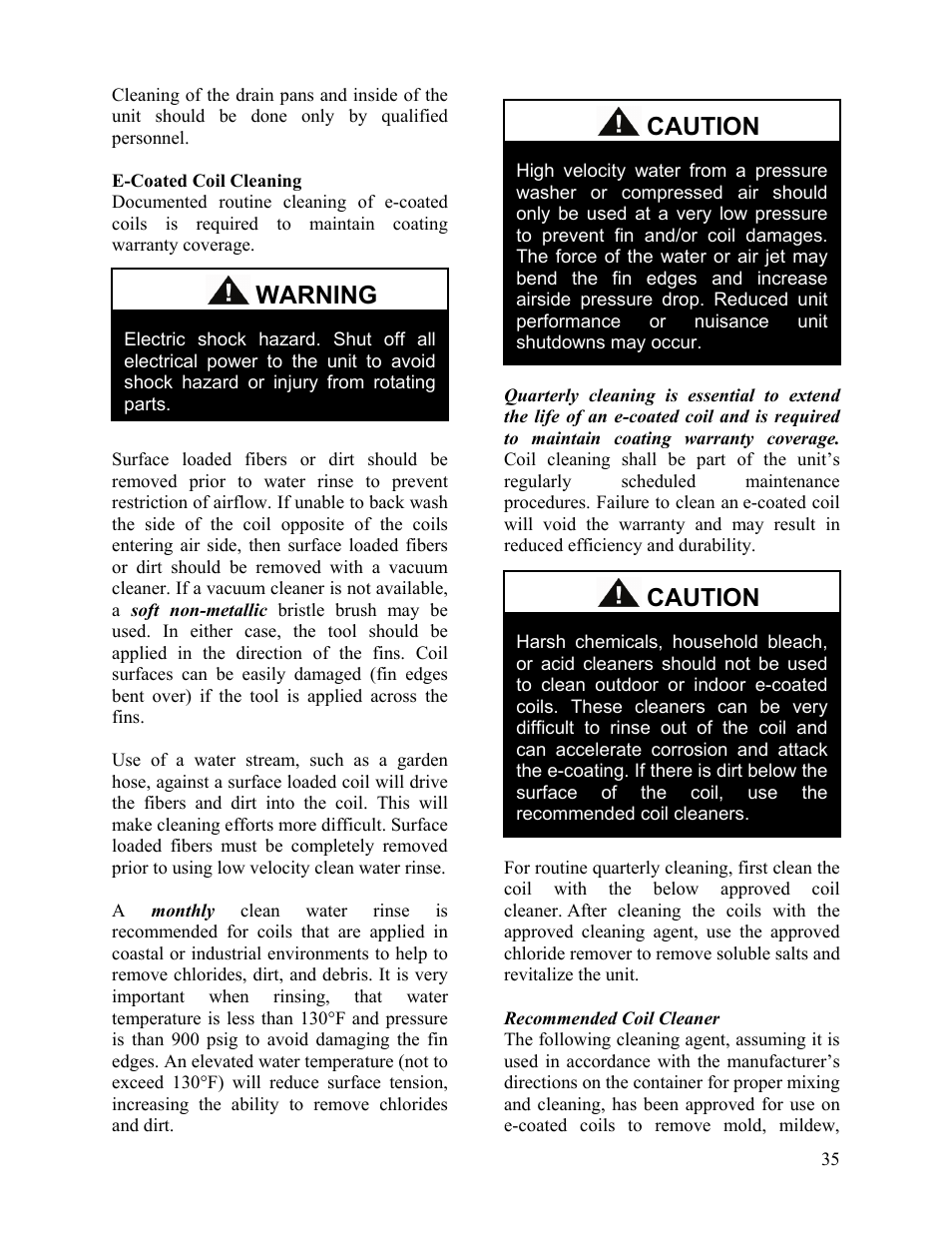 E-coated coil cleaning, Recommended coil cleaner, Warning | Caution | AAON SB-018 User Manual | Page 35 / 48