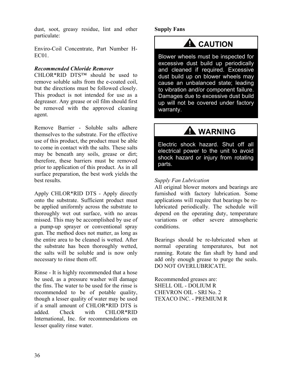 Recommended chloride remover, Supply fans, Caution | Warning | AAON SB-018 User Manual | Page 36 / 48