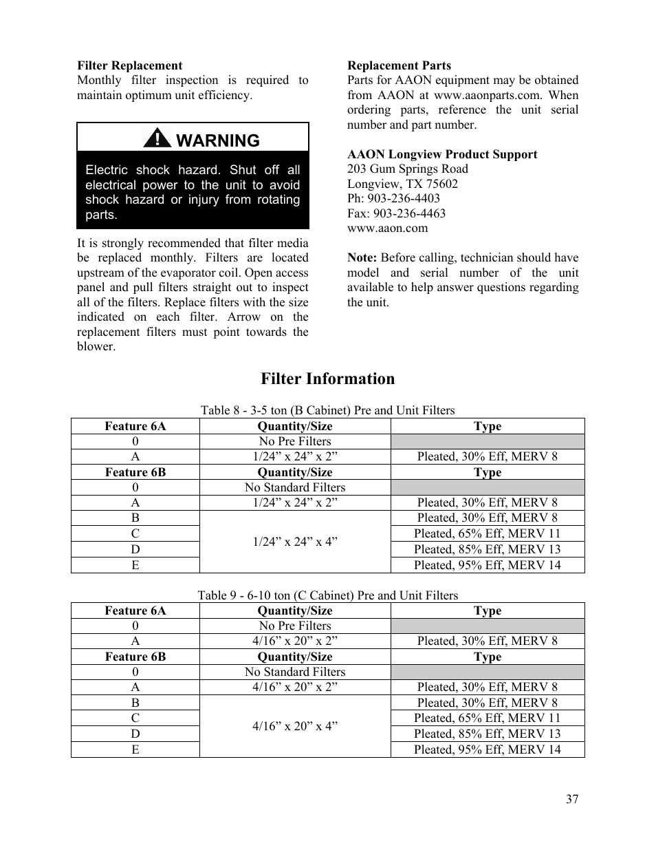 Filter replacement, Replacement parts, Aaon longview product support | Filter information, Warning | AAON SB-018 User Manual | Page 37 / 48