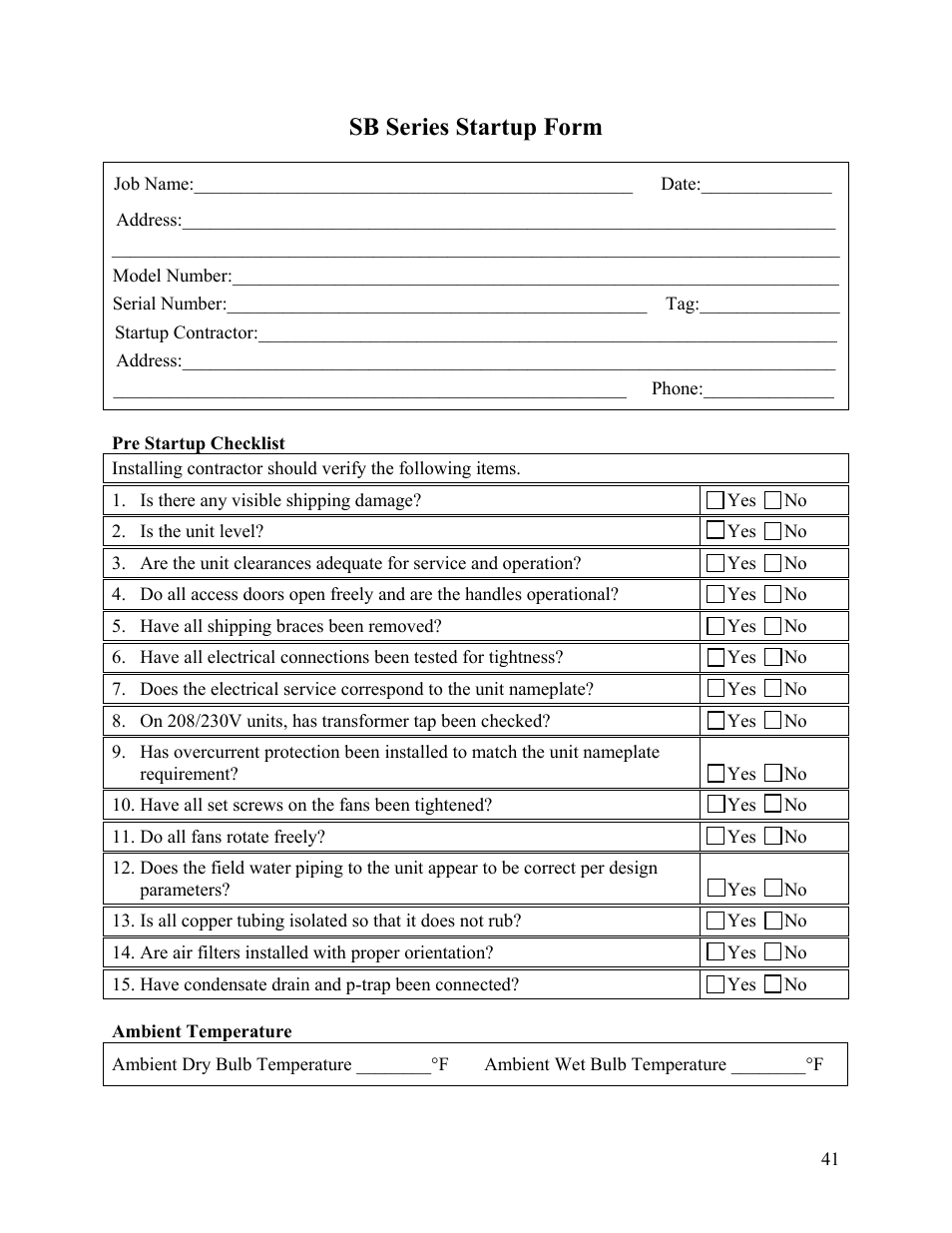 Sb series startup form | AAON SB-018 User Manual | Page 41 / 48