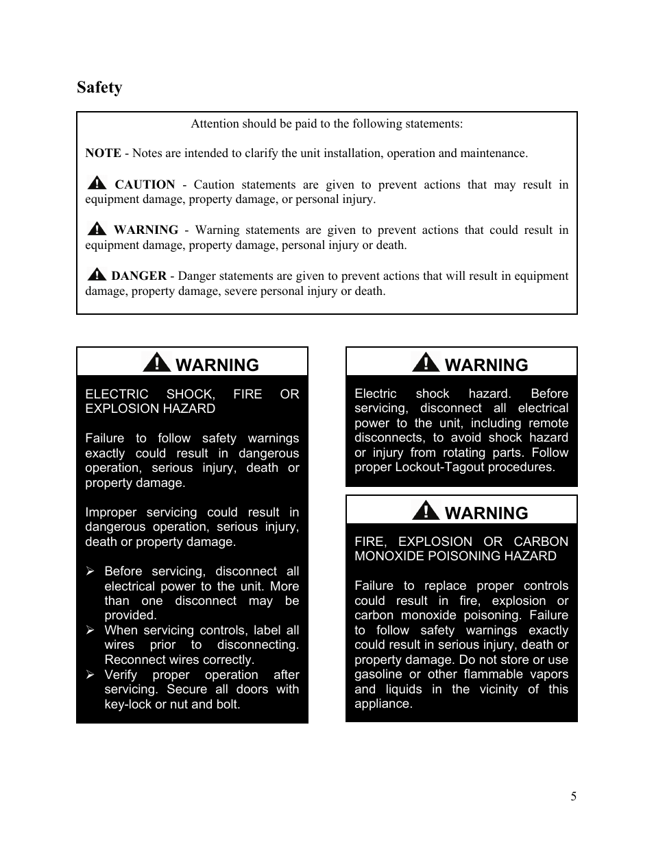 Safety, Warning | AAON SB-018 User Manual | Page 5 / 48