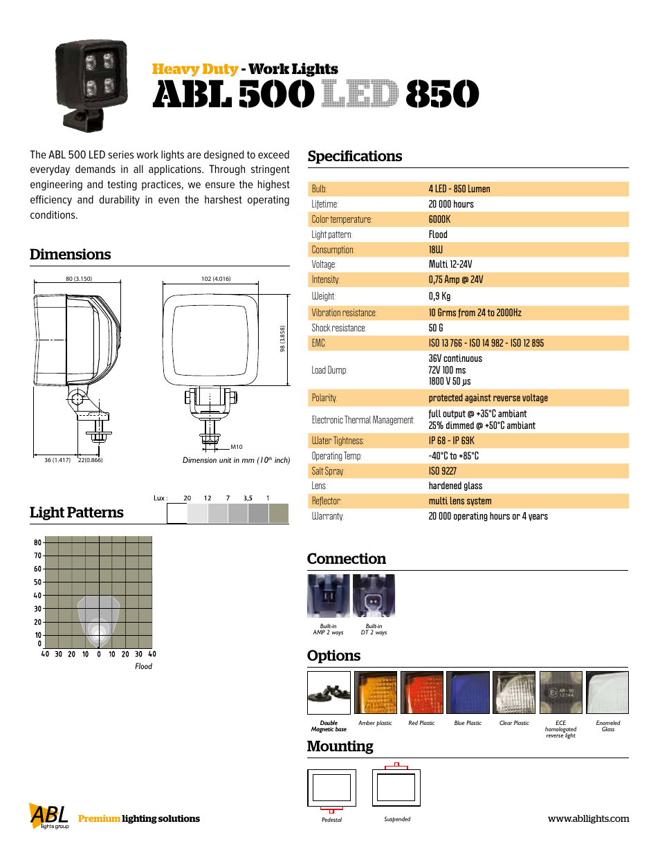 Specifications, Dimensions, Light patterns heavy duty - work lights | Connection, Mounting, Options | ABL Lights Group ABL 500 LED 850 User Manual | Page 2 / 2