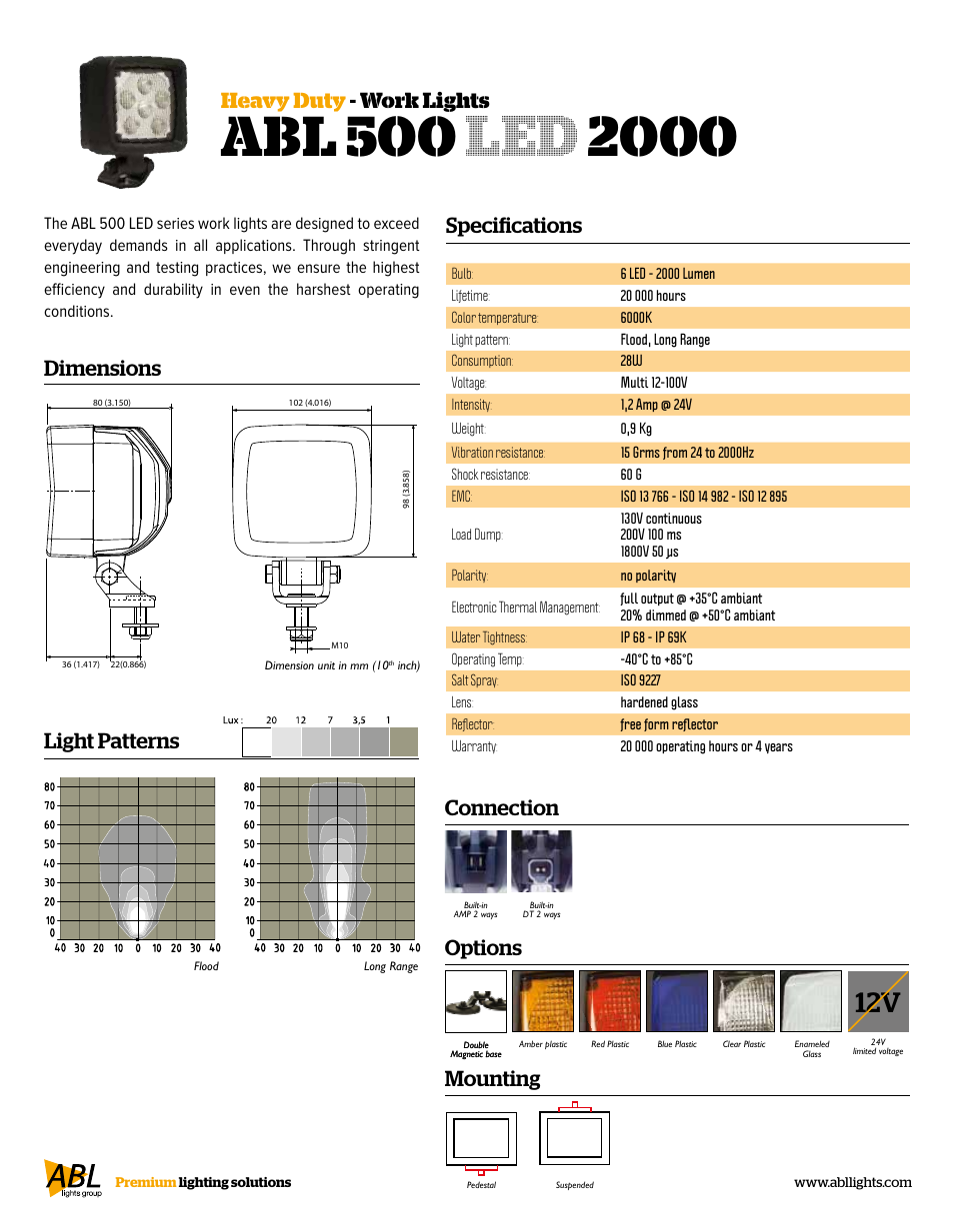 Specifications, Heavy duty - work lights mounting, Light patterns | Connection, Options, Dimensions | ABL Lights Group ABL 500 LED 2000 User Manual | Page 2 / 2
