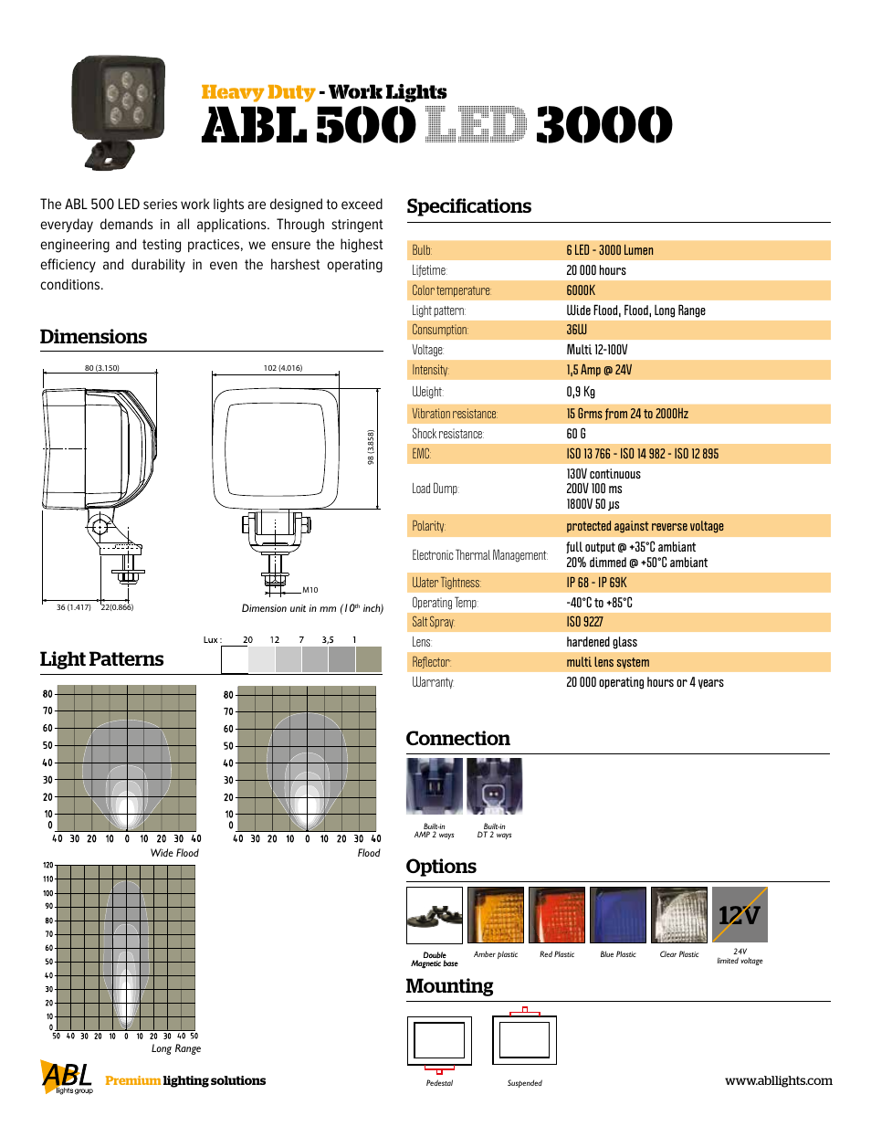 Specifications, Heavy duty - work lights dimensions, Light patterns | Mounting, Connection, Options | ABL Lights Group ABL 500 LED 3000 User Manual | Page 2 / 2