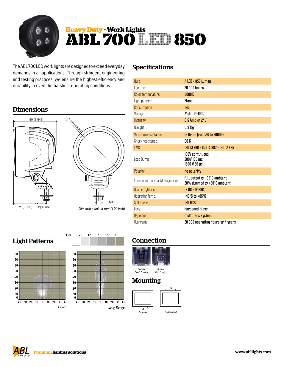 Specifications, Dimensions, Light patterns heavy duty - work lights | Connection, Mounting | ABL Lights Group ABL 700 LED 850 User Manual | Page 2 / 2