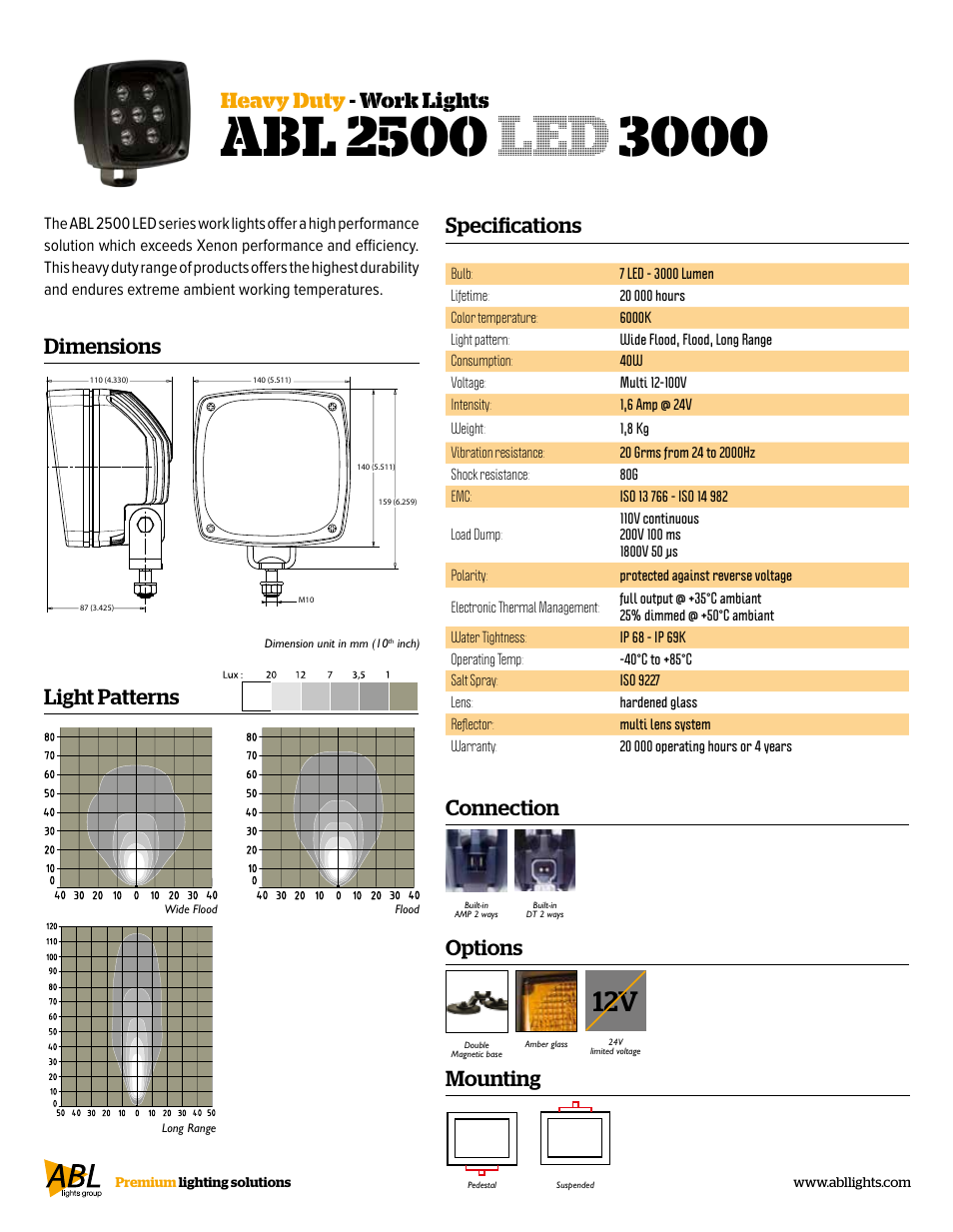 Specifications, Heavy duty - work lights dimensions, Mounting | Light patterns connection, Options | ABL Lights Group ABL 2500 LED 3000 User Manual | Page 2 / 2
