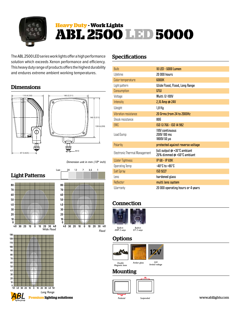 Specifications, Heavy duty - work lights dimensions, Light patterns mounting | Connection, Options | ABL Lights Group ABL 2500 LED 5000 User Manual | Page 2 / 2