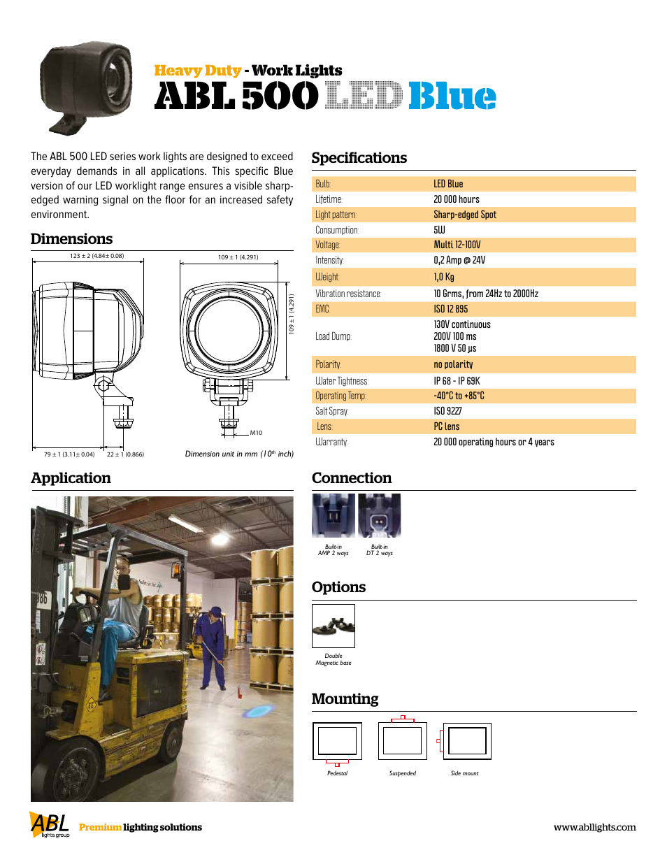 Abl 500 led blue, Specifications heavy duty - work lights, Application dimensions | Connection mounting, Options | ABL Lights Group ABL 500 LED Blue User Manual | Page 2 / 2